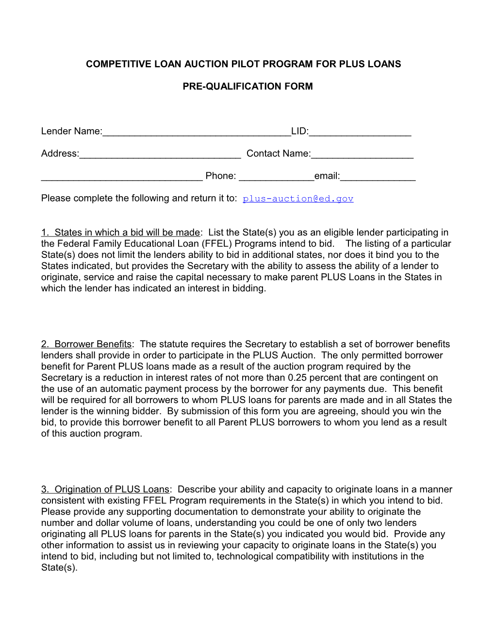 PLUS Loan Auction Prequalification Form (MS Word)