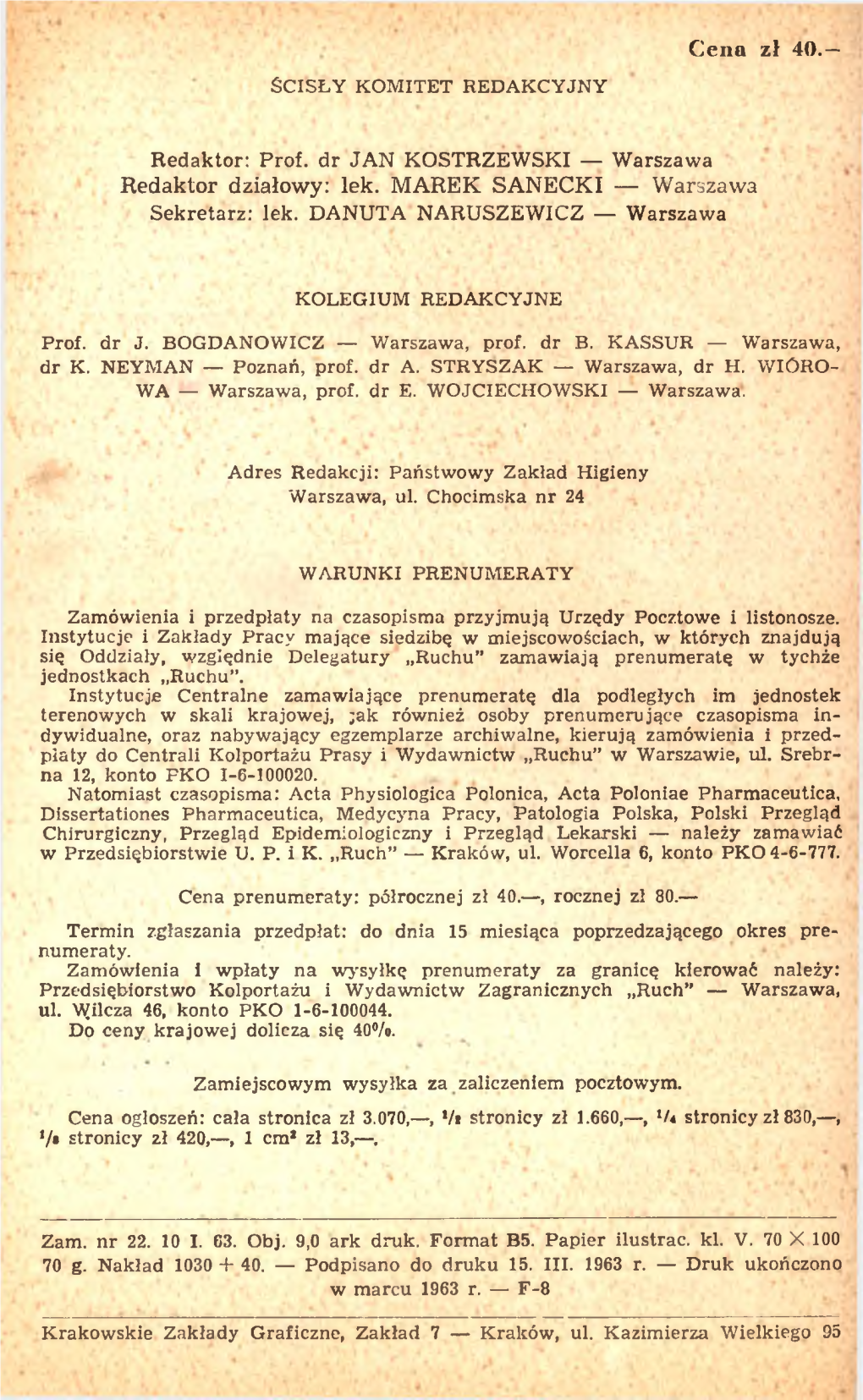 Prof. Dr JAN KOSTRZEWSKI — Warszawa Redaktor Działowy: Lek