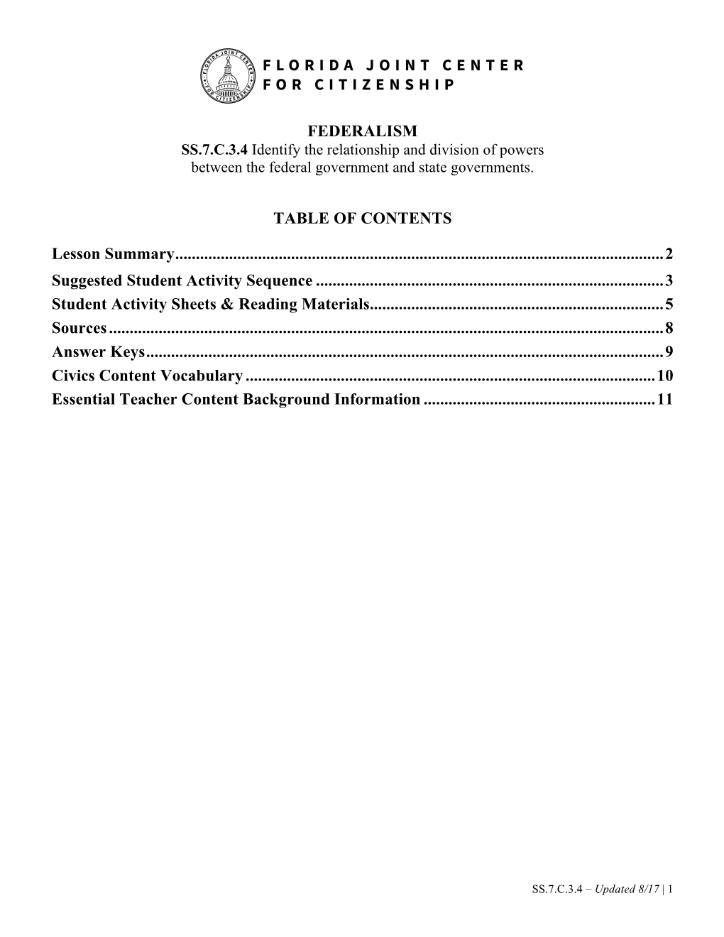 FEDERALISM TABLE of CONTENTS Lesson Summary