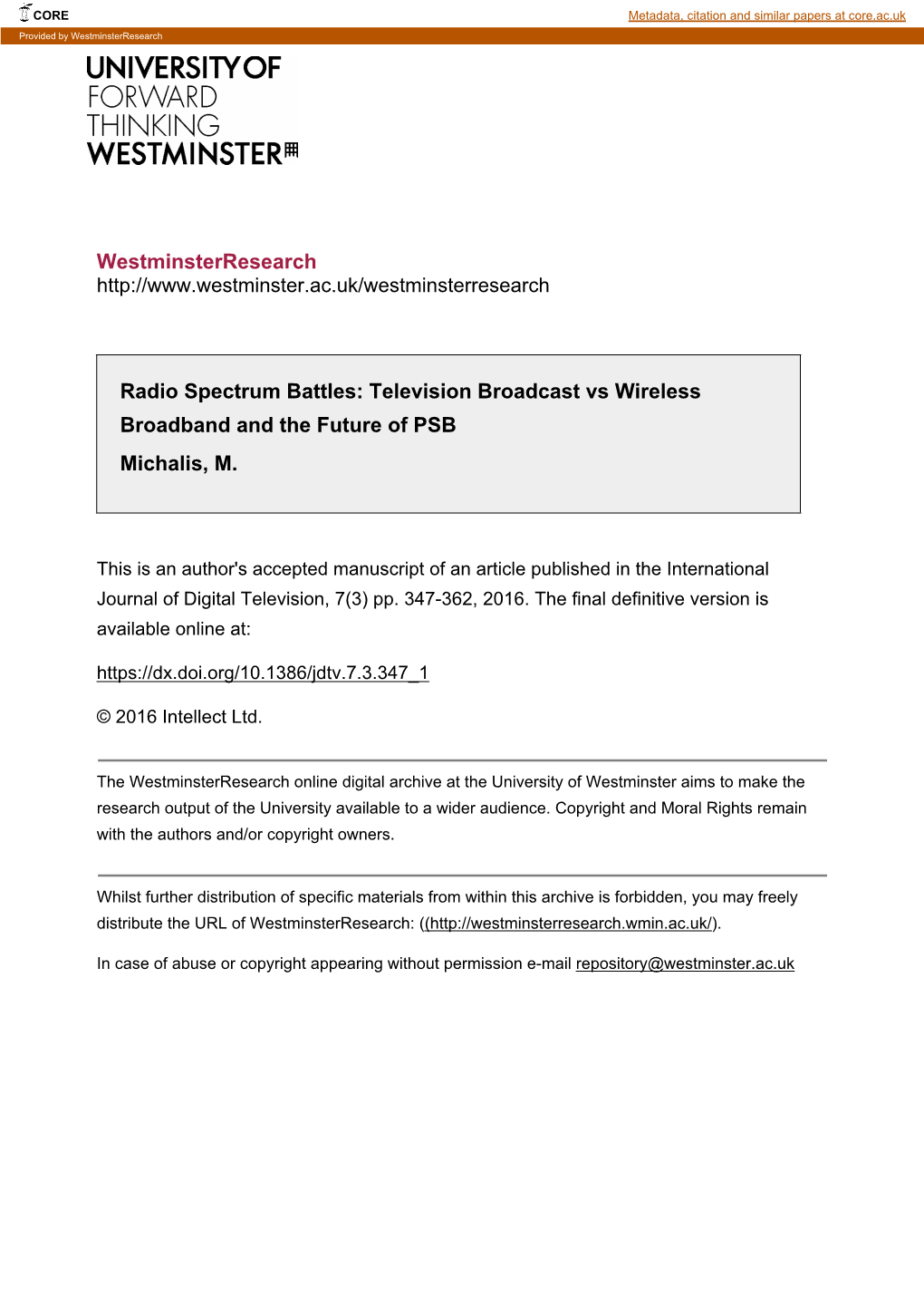 Westminsterresearch Radio Spectrum Battles: Television