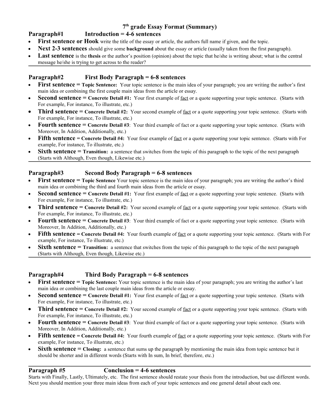 7Th Grade Essay Format (Summary)