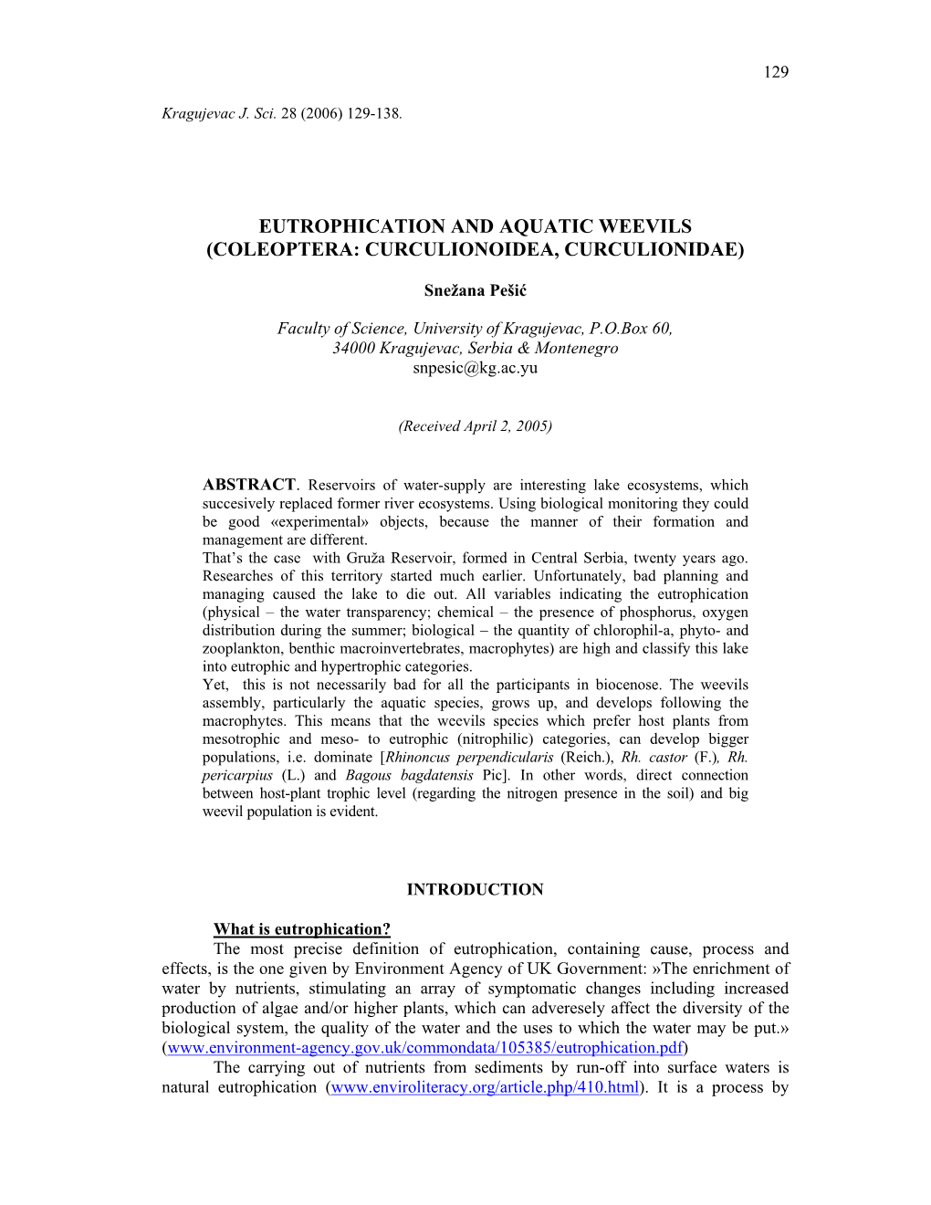 Eutrophication and Aquatic Weevils (Coleoptera: Curculionoidea, Curculionidae)