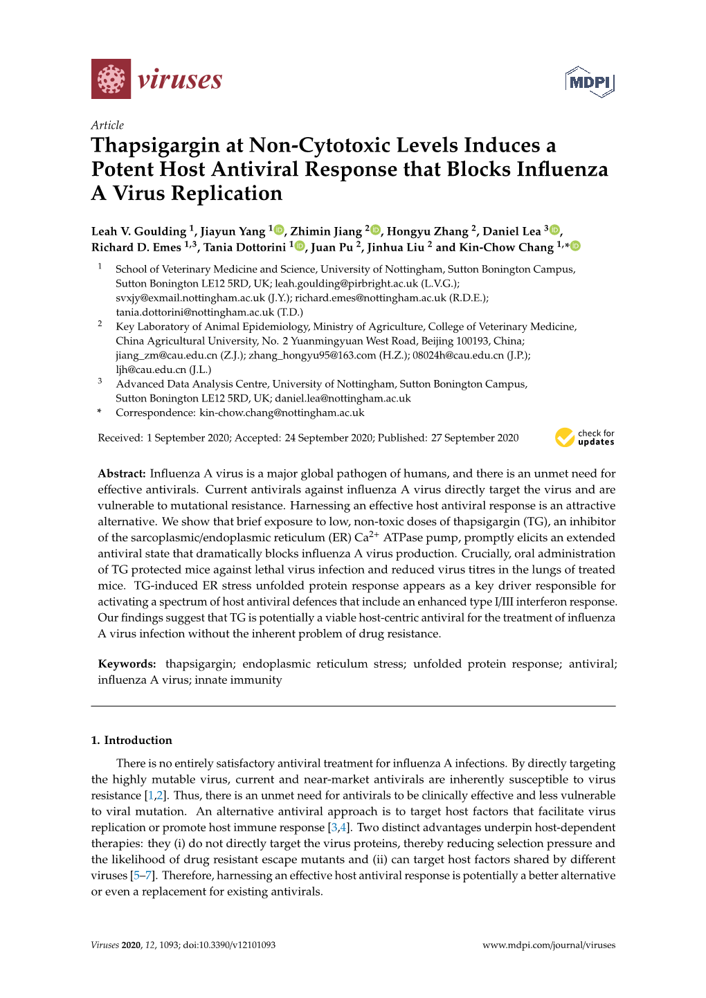 Thapsigargin at Non-Cytotoxic Levels Induces a Potent Host Antiviral Response That Blocks Inﬂuenza a Virus Replication