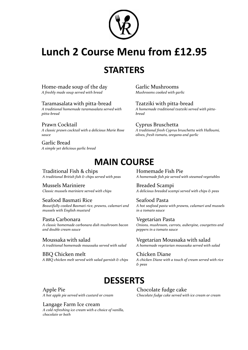 Lunch 2 Course Menu from £12.95