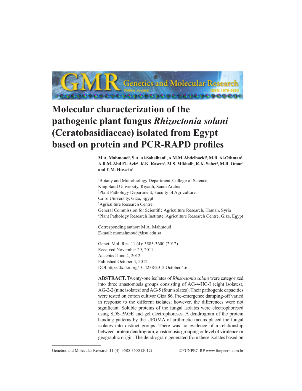 Molecular Characterization of the Pathogenic Plant Fungus Rhizoctonia Solani (Ceratobasidiaceae) Isolated from Egypt Based on Protein and PCR-RAPD Profiles