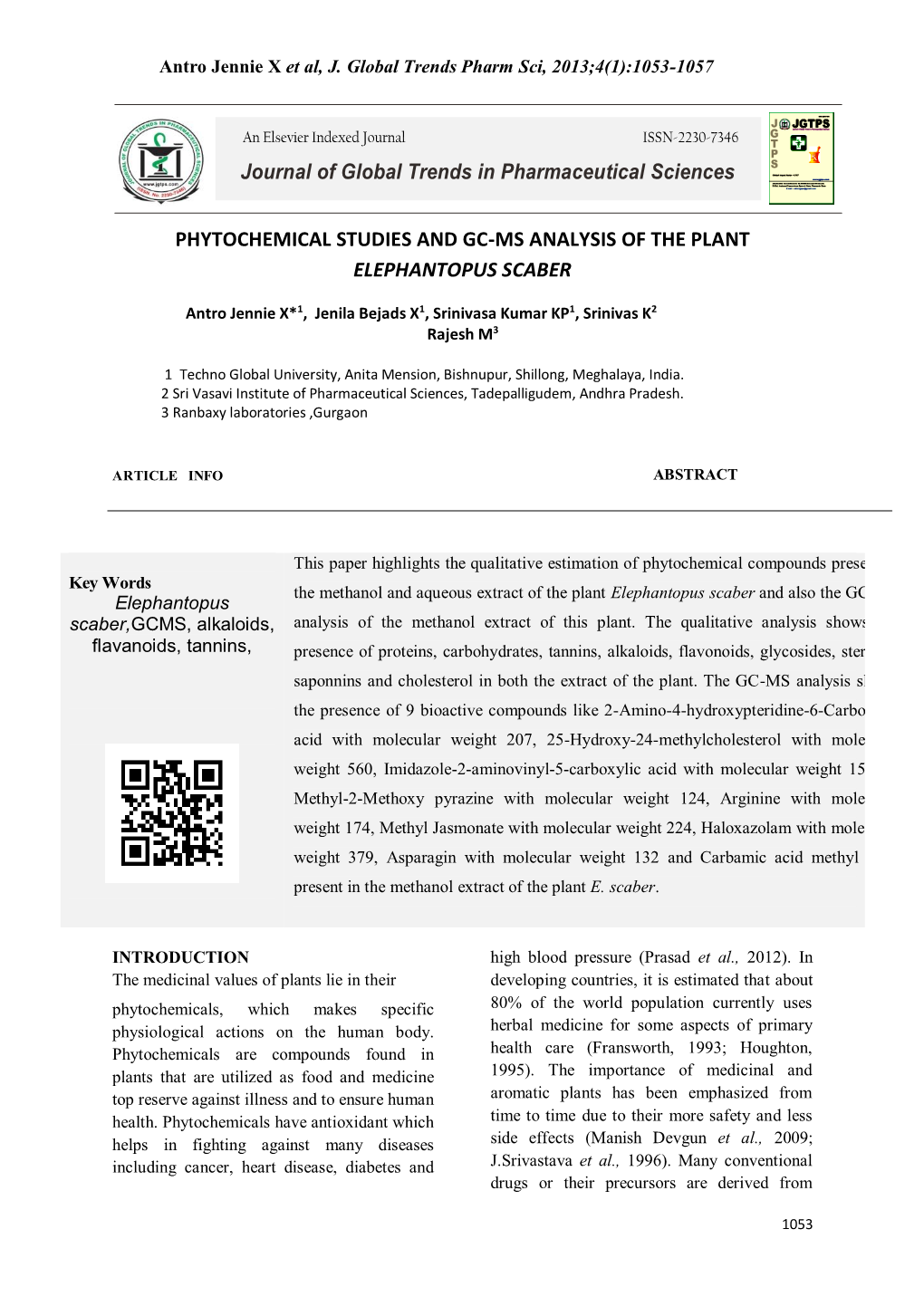 Phytochemical Studies and Gc-Ms Analysis of the Plant Elephantopus Scaber