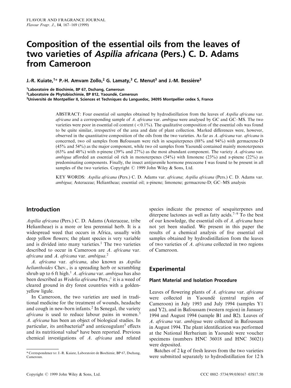 Composition of the Essential Oils from the Leaves of Two Varieties of Aspilia Africana (Pers.) C