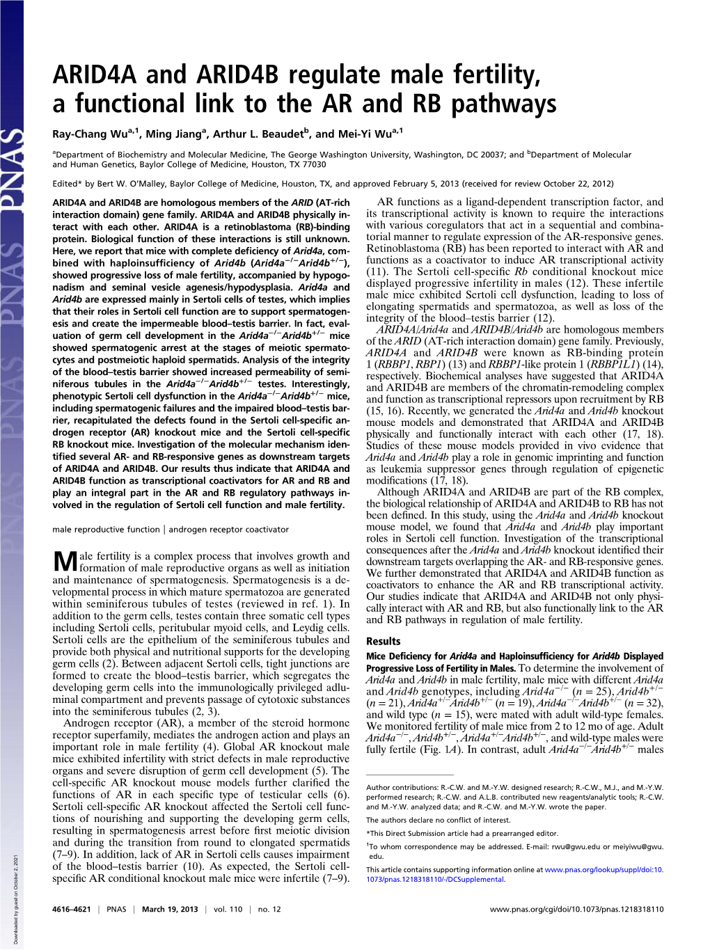 ARID4A and ARID4B Regulate Male Fertility, a Functional Link to the AR and RB Pathways