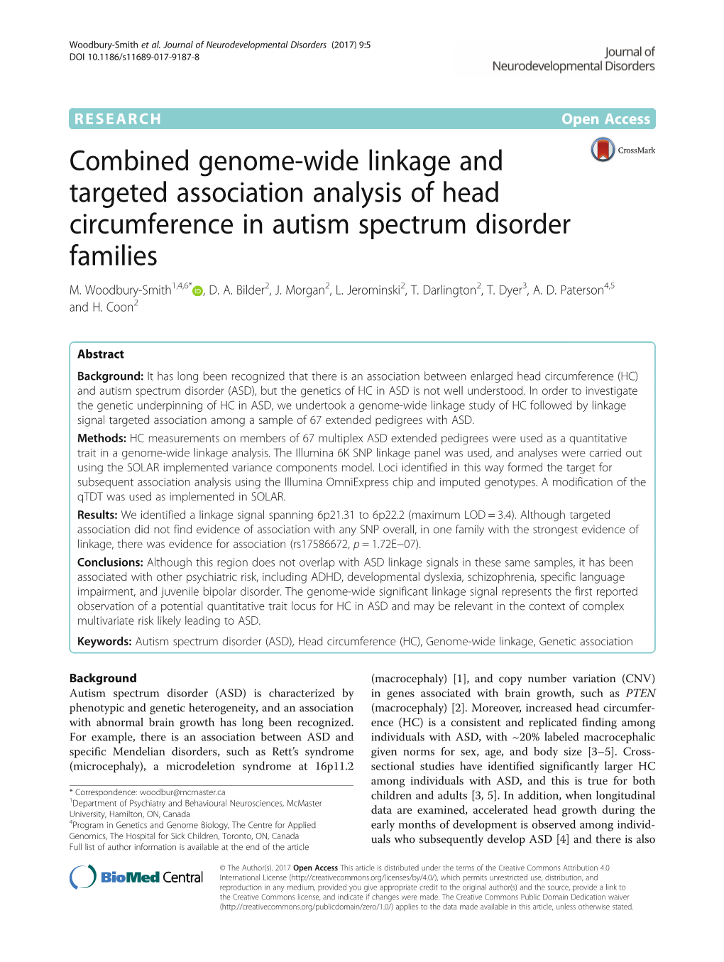 Combined Genome-Wide Linkage and Targeted Association Analysis of Head Circumference in Autism Spectrum Disorder Families M