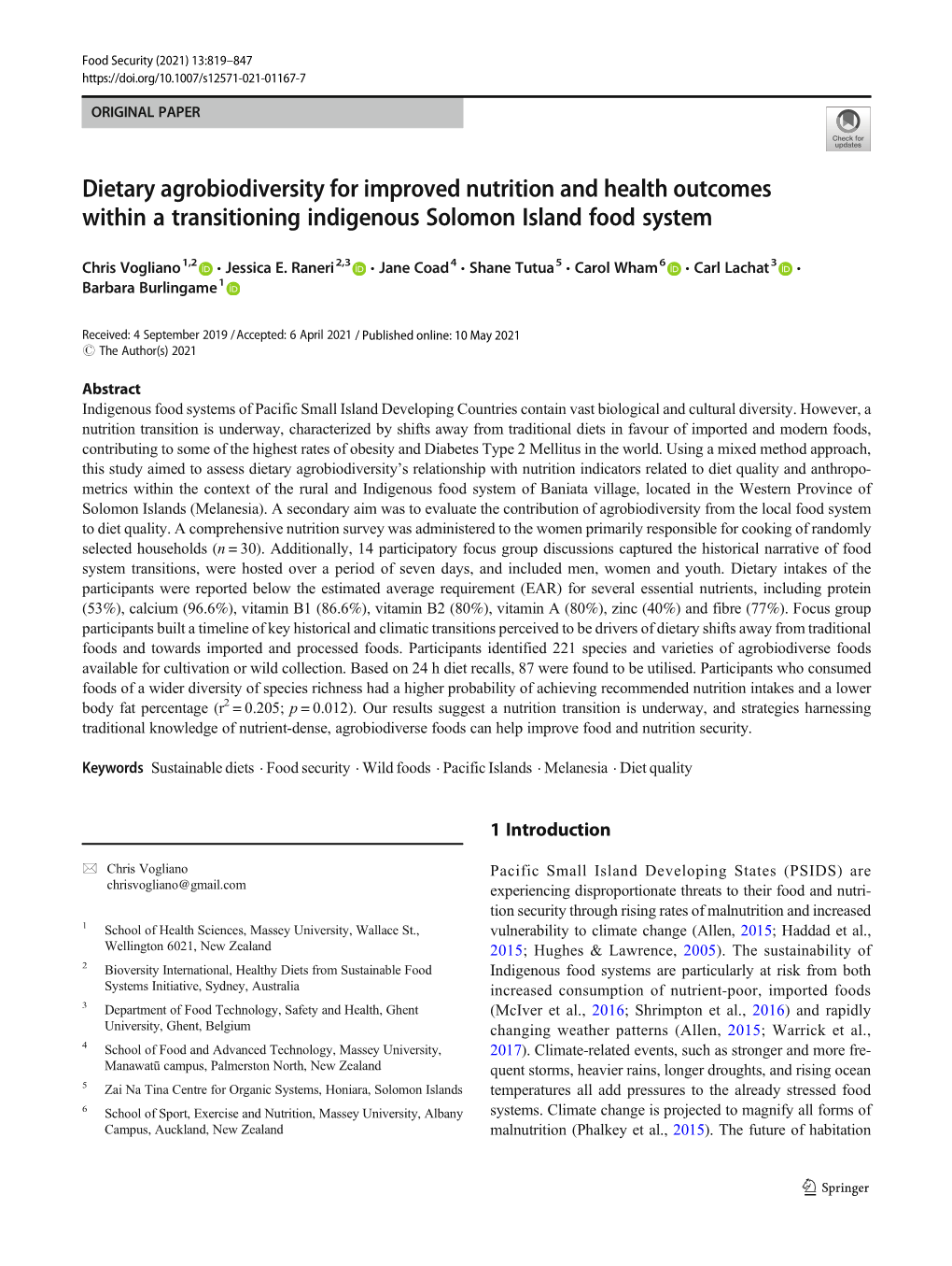 Dietary Agrobiodiversity for Improved Nutrition and Health Outcomes Within a Transitioning Indigenous Solomon Island Food System