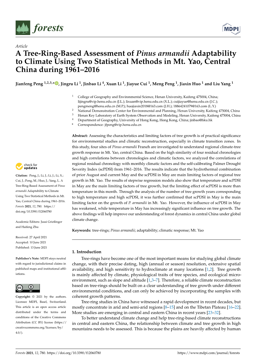 A Tree-Ring-Based Assessment of Pinus Armandii Adaptability to Climate Using Two Statistical Methods in Mt