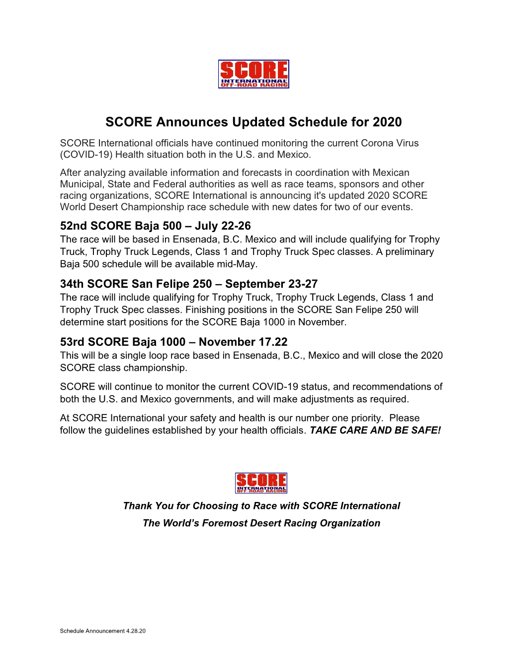 SCORE Announces Updated Schedule for 2020 SCORE International Officials Have Continued Monitoring the Current Corona Virus (COVID-19) Health Situation Both in the U.S