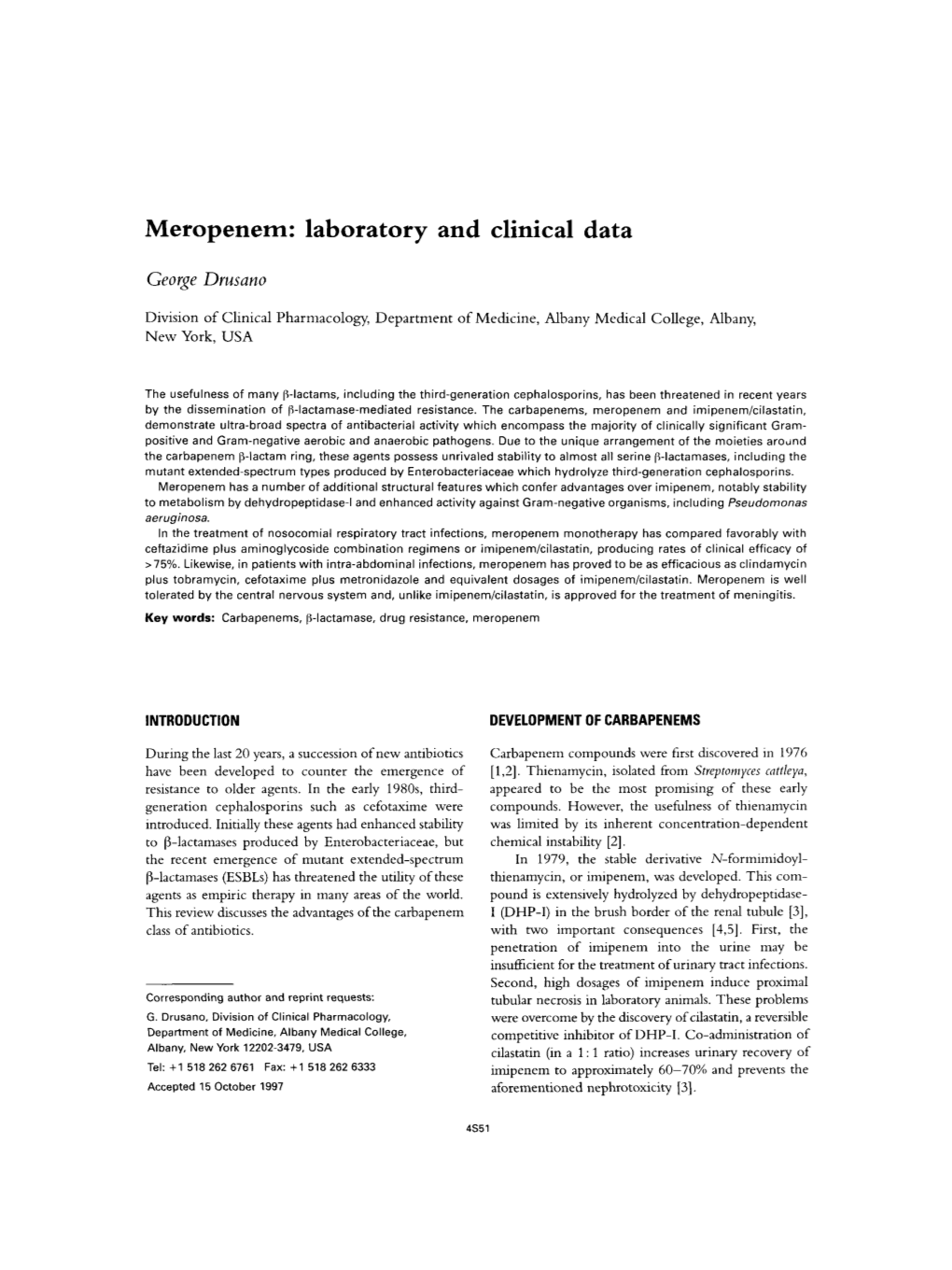 Meropenem: Laboratory and Clinical Data