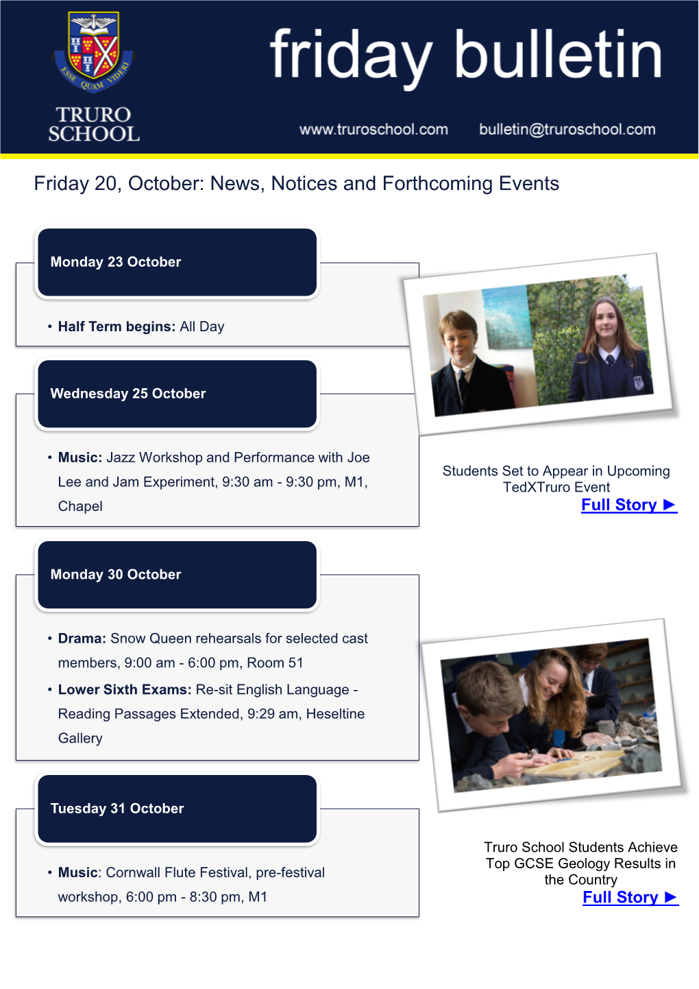 Friday 20, October: News, Notices and Forthcoming Events