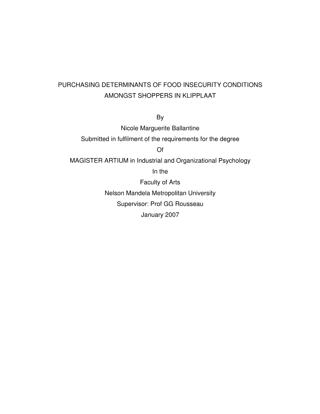 Purchasing Determinants of Food Insecurity Conditions Amongst Shoppers in Klipplaat