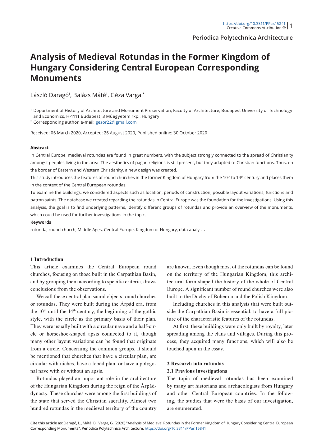 Analysis of Medieval Rotundas in the Former Kingdom of Hungary Considering Central European Corresponding Monuments