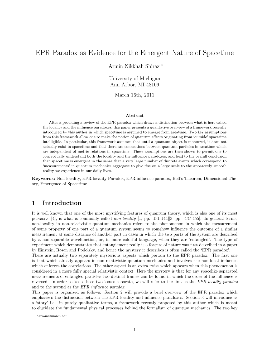 EPR Paradox As Evidence for the Emergent Nature of Spacetime