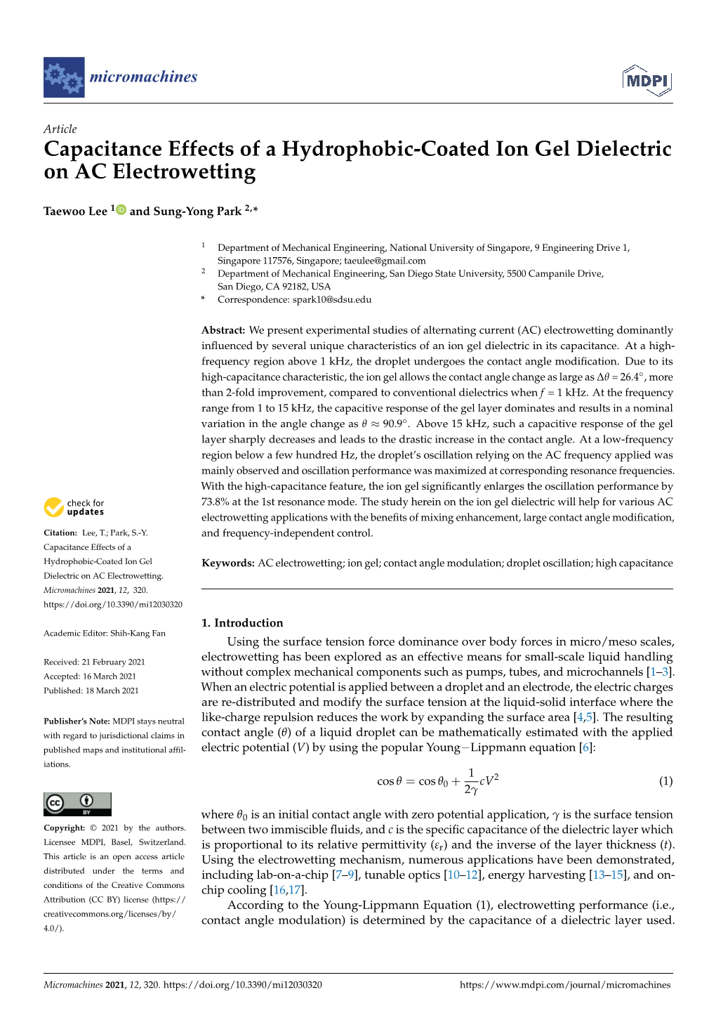 Capacitance Effects of a Hydrophobic-Coated Ion Gel Dielectric on AC Electrowetting