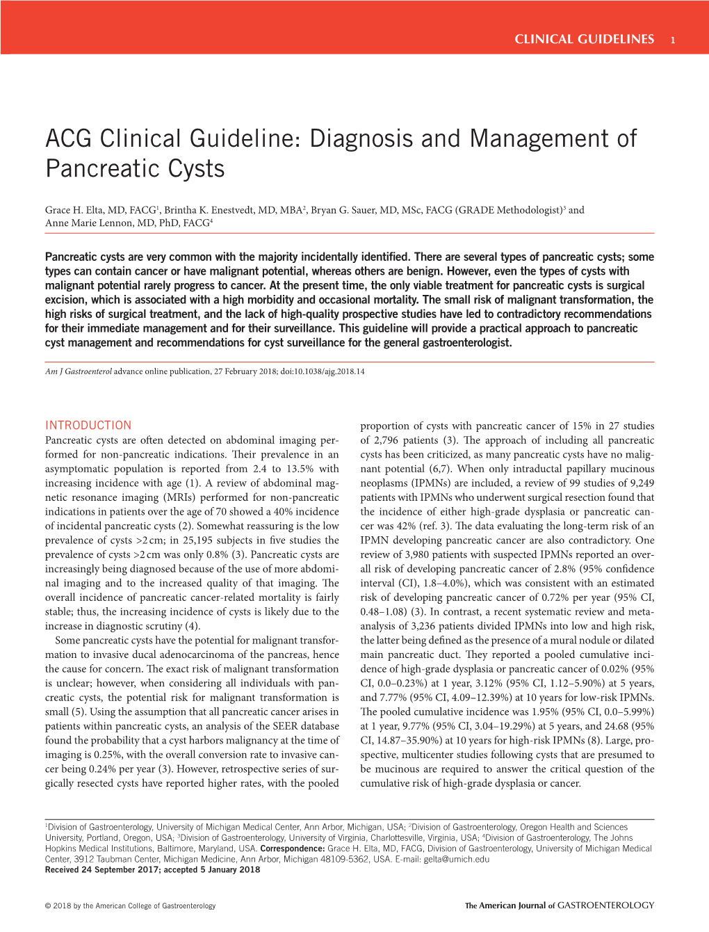 ACG Clinical Guideline: Diagnosis and Management of Pancreatic Cysts