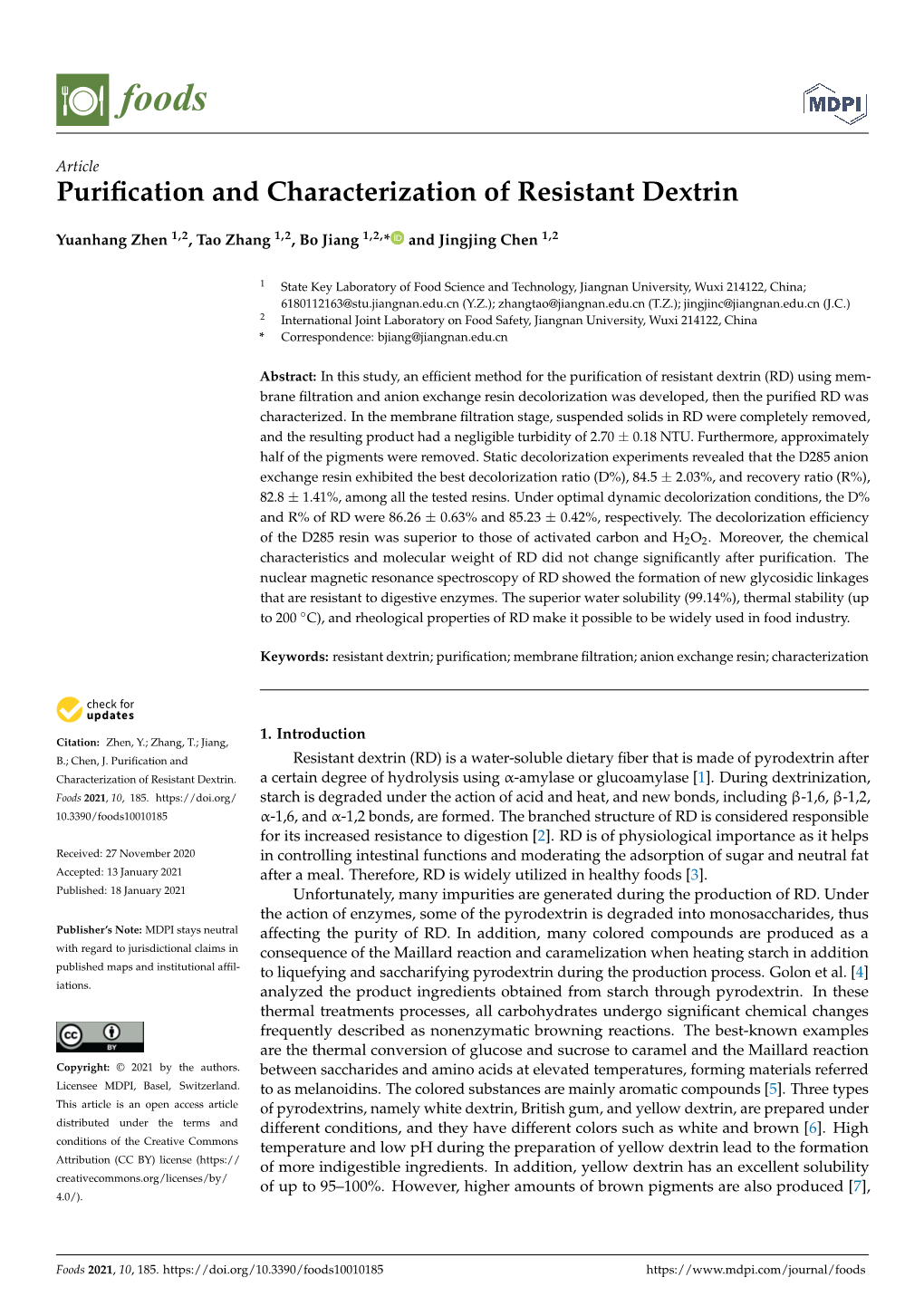 Purification and Characterization of Resistant Dextrin