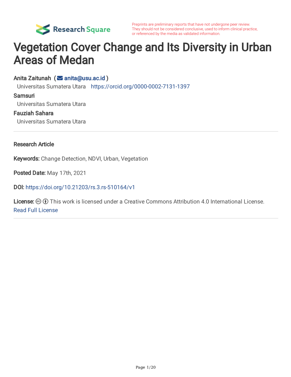 Vegetation Cover Change and Its Diversity in Urban Areas of Medan