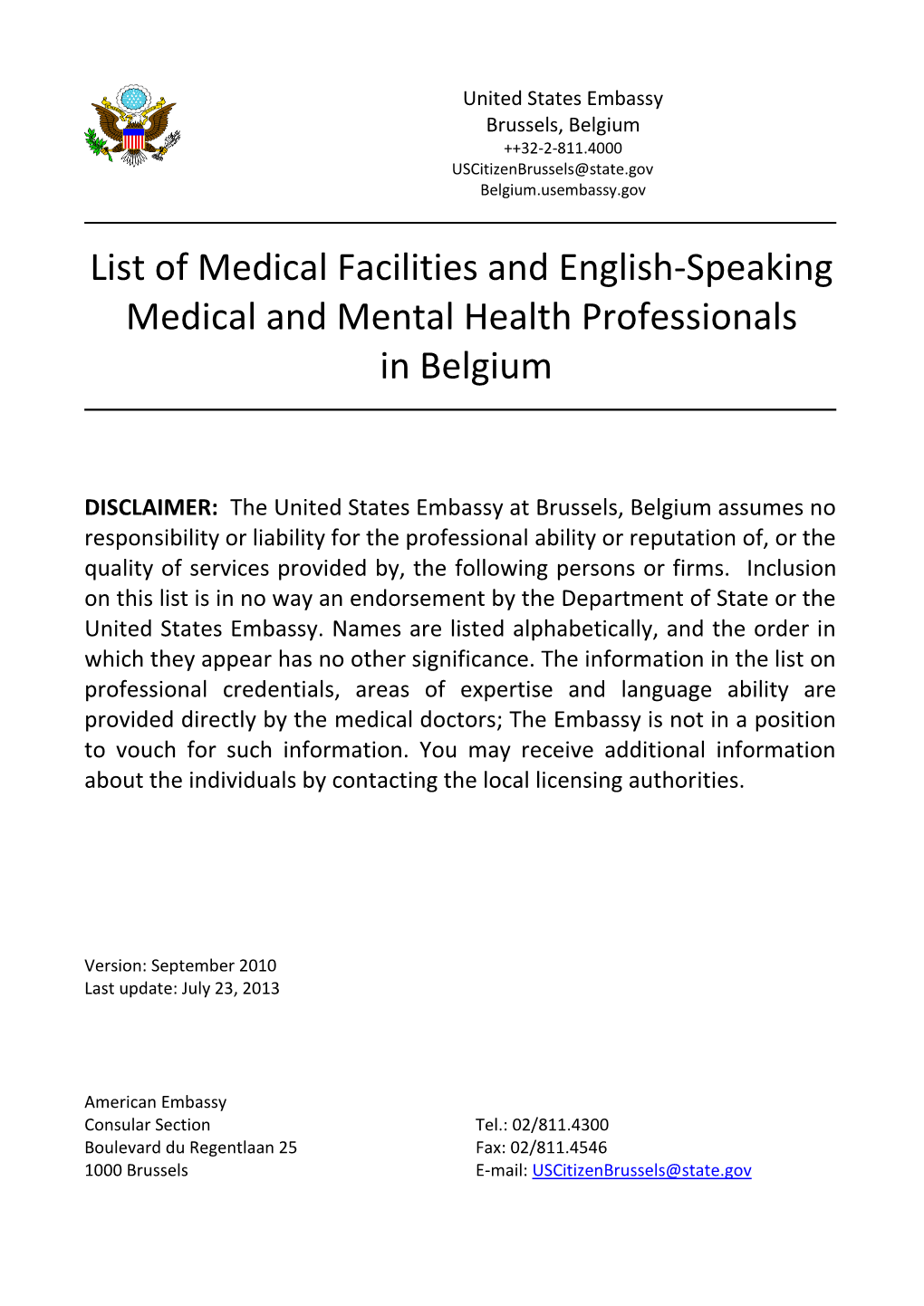 List of Medical Facilities and English-Speaking Medical and Mental Health Professionals in Belgium