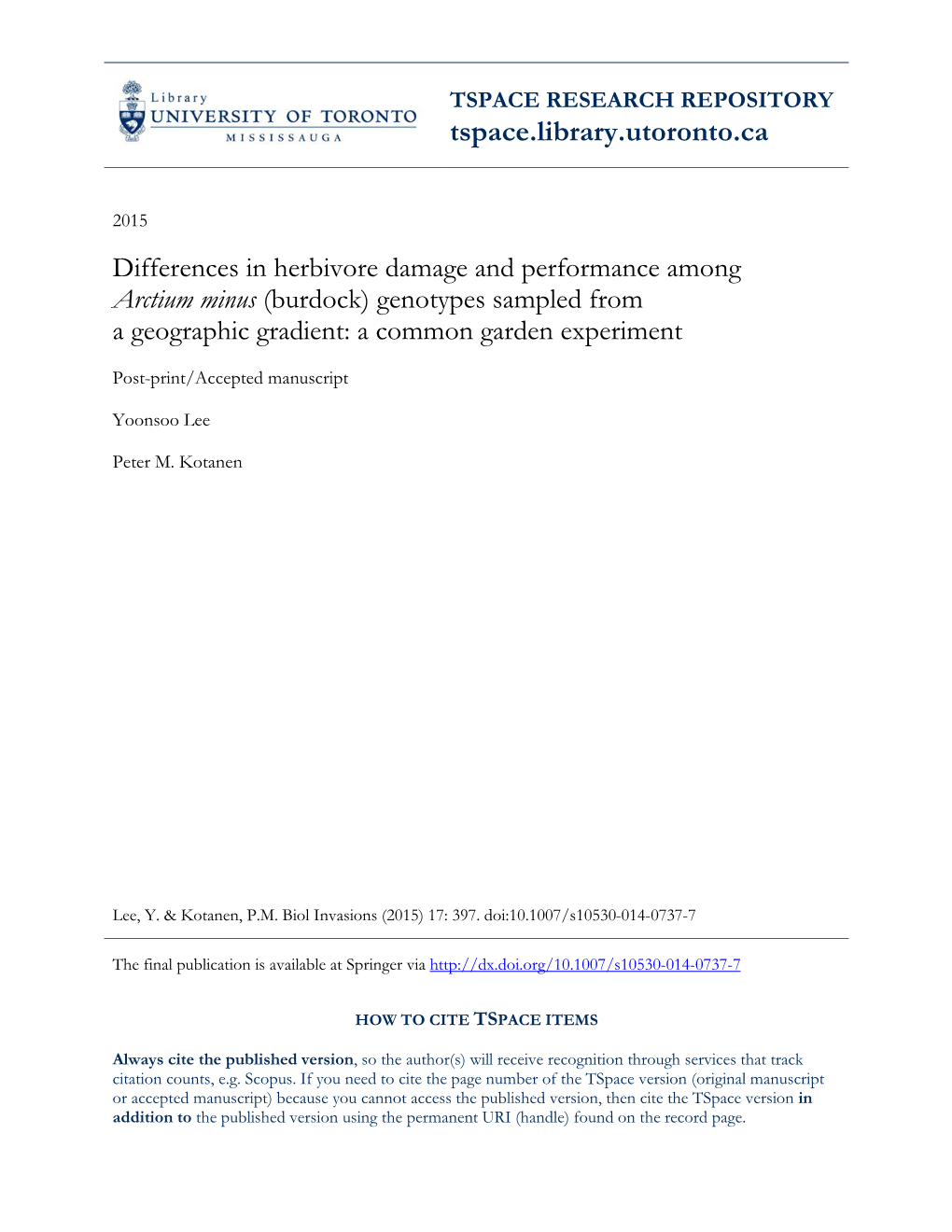 Differences in Herbivore Damage and Performance for Plants from A