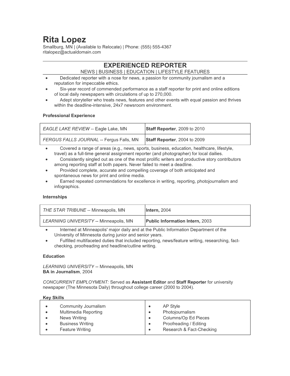 Example Resume - Reporter