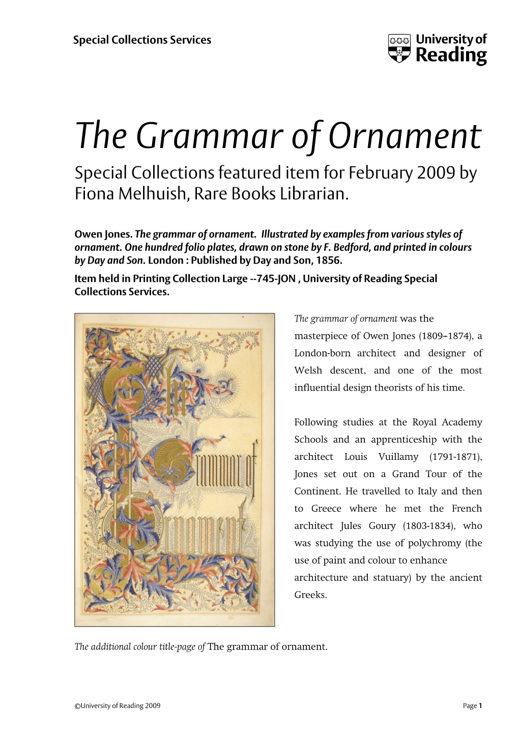 The Grammar of Ornament Special Collections Featured Item for February 2009 by Fiona Melhuish, Rare Books Librarian