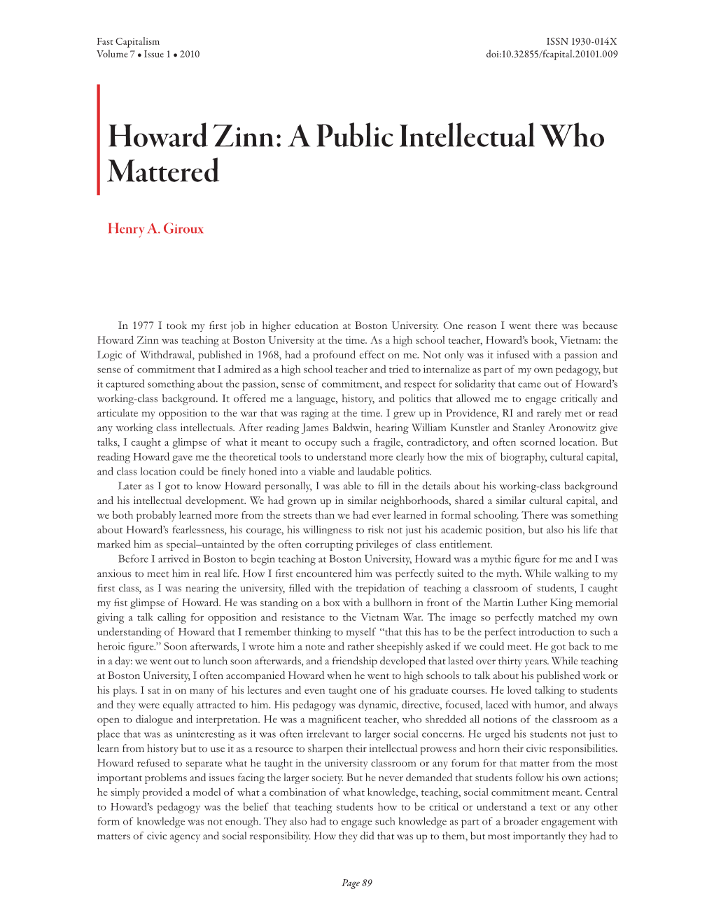 Howard Zinn: a Public Intellectual Who Mattered