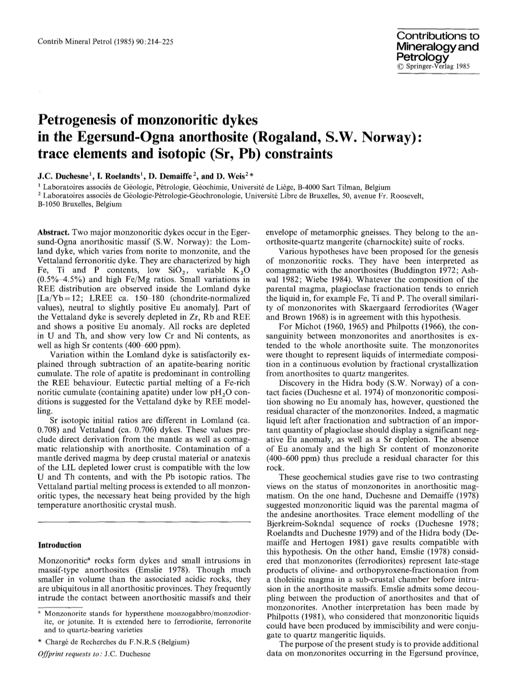 Petrogenesis of Monzonoritic Dykes in the Egersund-Ogna Anorthosite (Rogaland, S.W