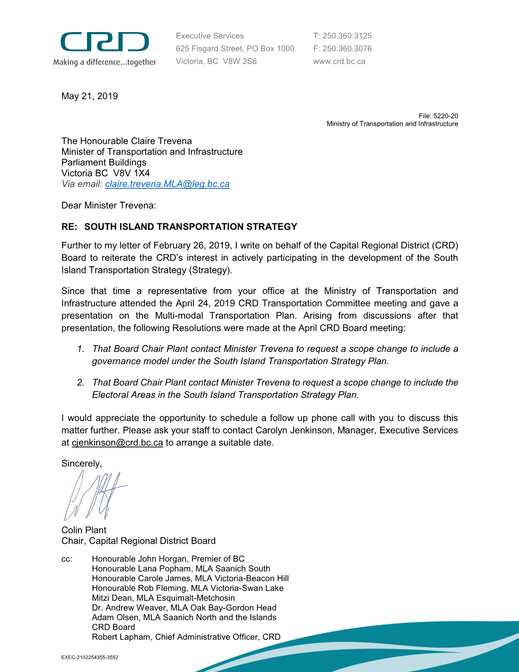 2019-05-21 Outgoing Letter to Honourable Claire Trevena