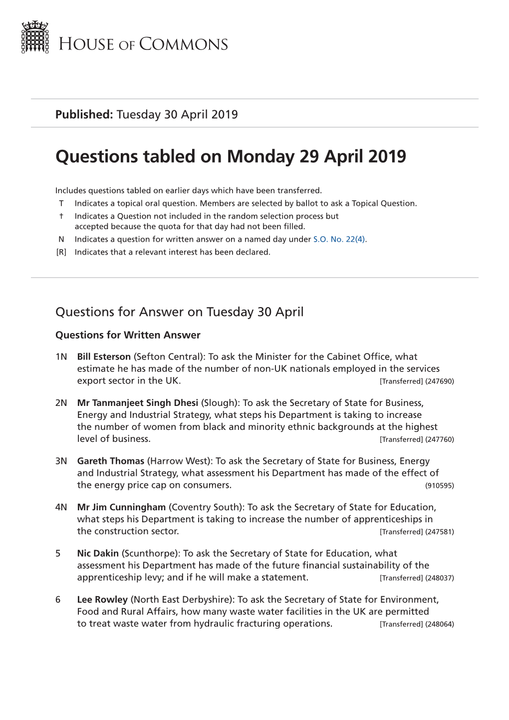 Questions Tabled on Mon 29 Apr 2019