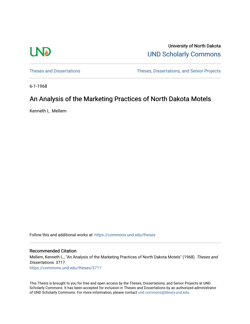 An Analysis of the Marketing Practices of North Dakota Motels