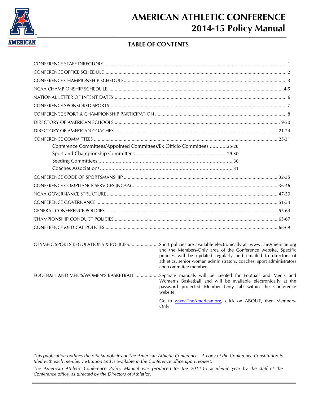 AMERICAN ATHLETIC CONFERENCE 2014-15 Policy