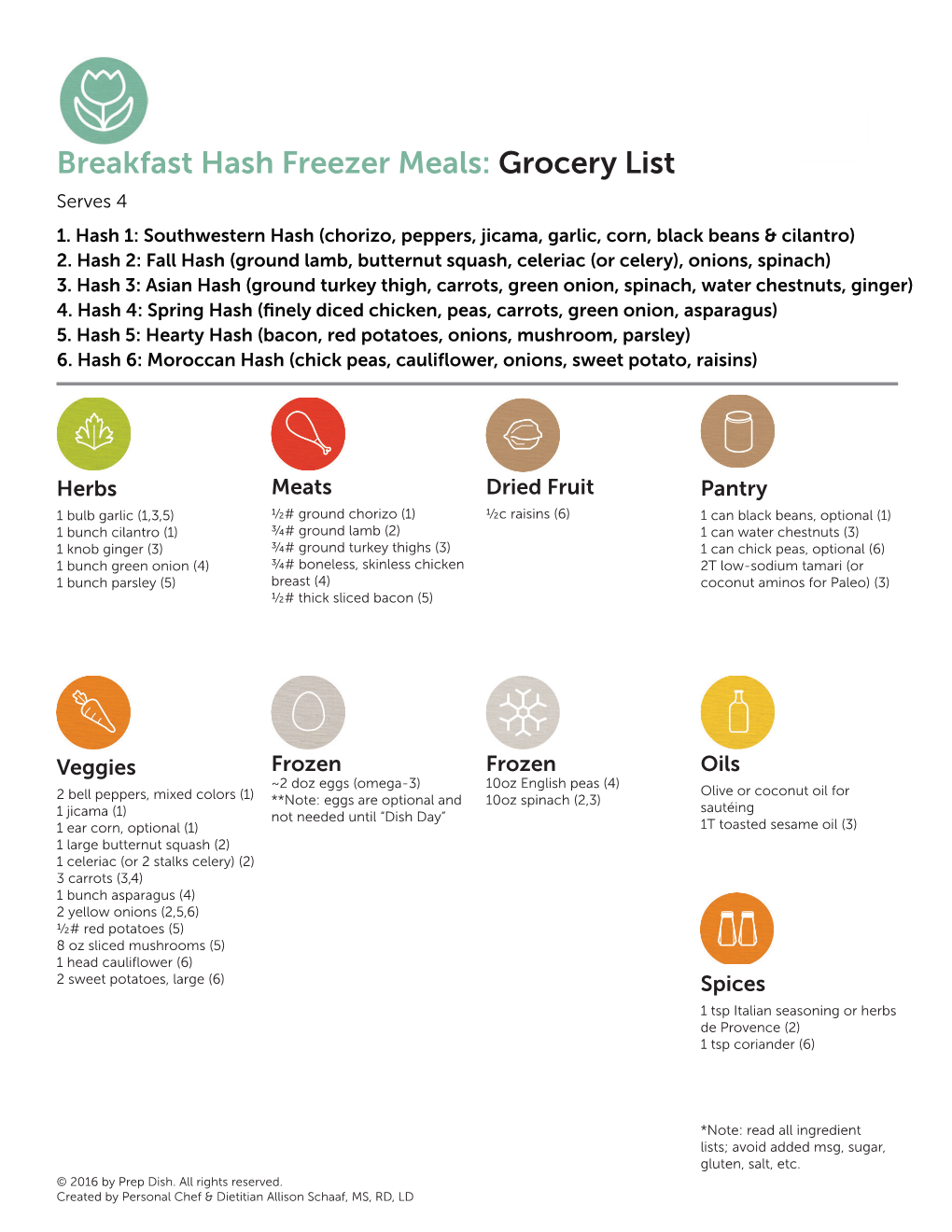 Breakfast Hash Freezer Meals: Grocery List Serves 4