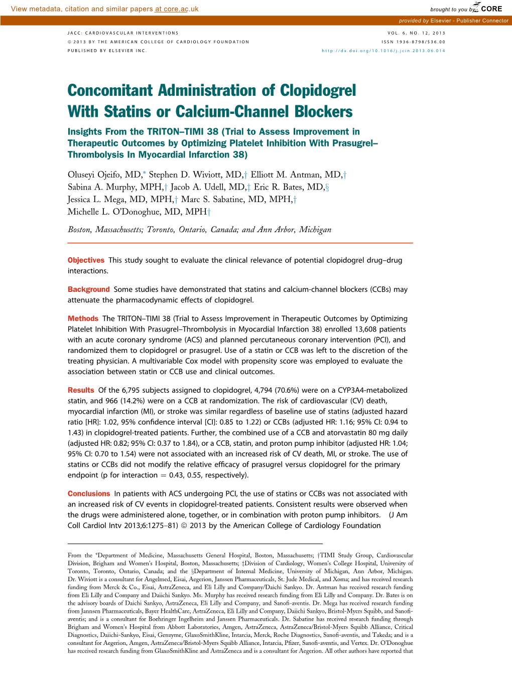 Concomitant Administration of Clopidogrel with Statins Or Calcium