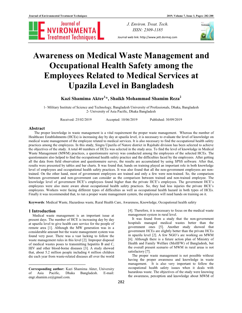 Awareness on Medical Waste Management and Occupational Health Safety Among the Employees Related to Medical Services at Upazila Level in Bangladesh