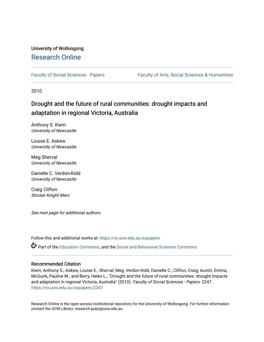 Drought Impacts and Adaptation in Regional Victoria, Australia