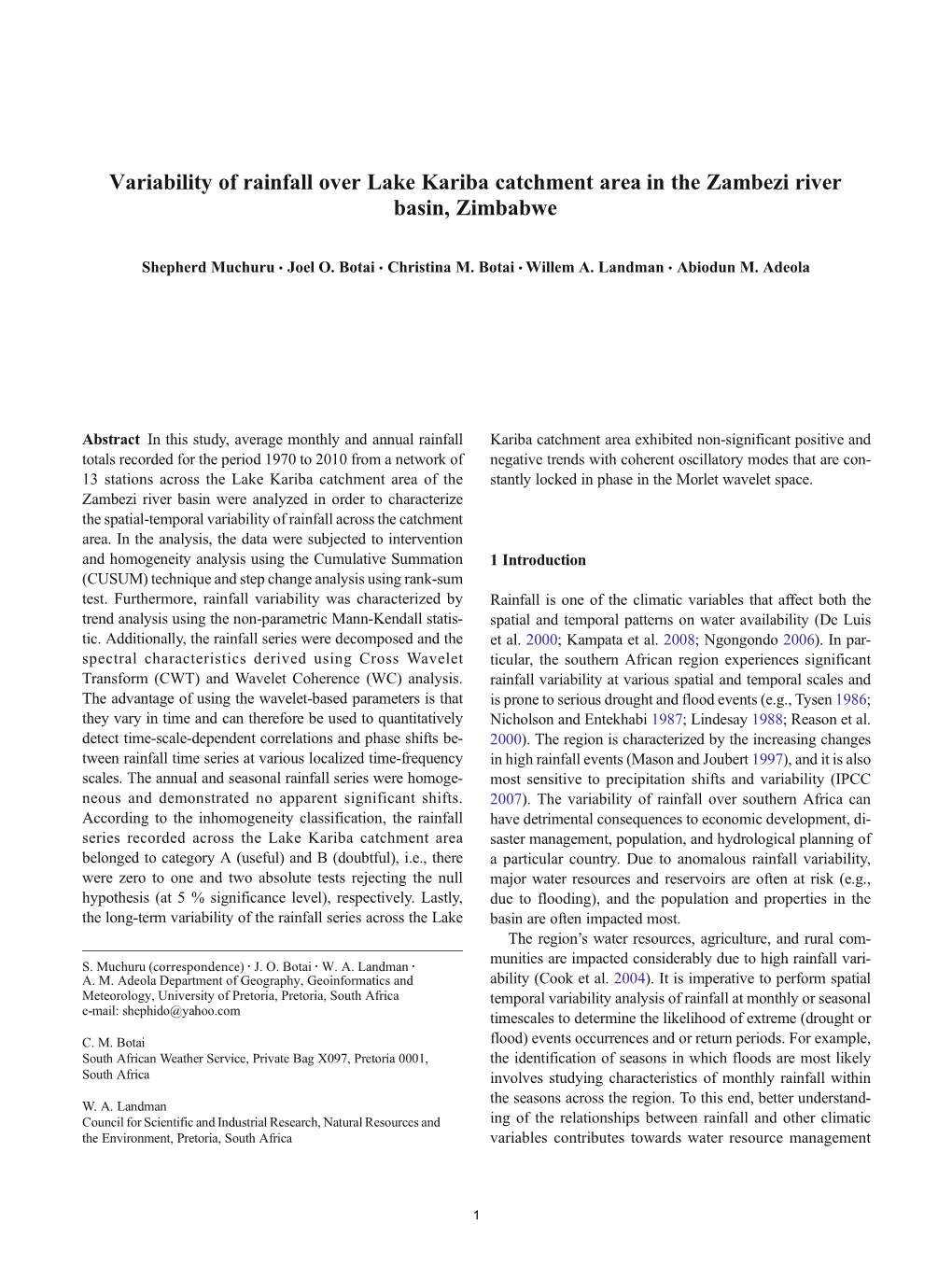 Variability of Rainfall Over Lake Kariba Catchment Area in the Zambezi River Basin, Zimbabwe