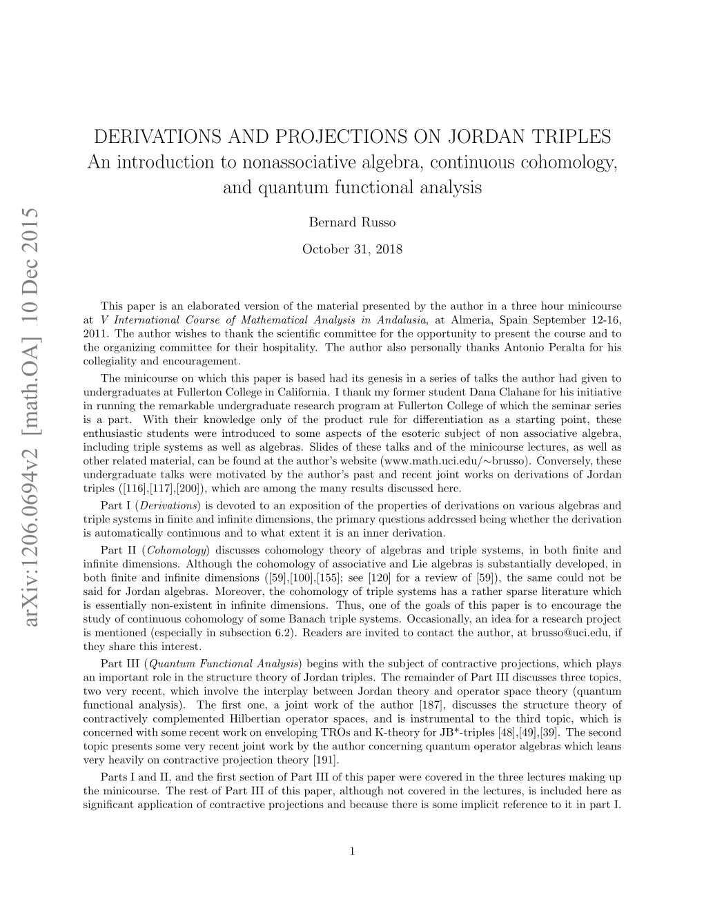 Derivations and Projections on Jordan Triples. an Introduction To