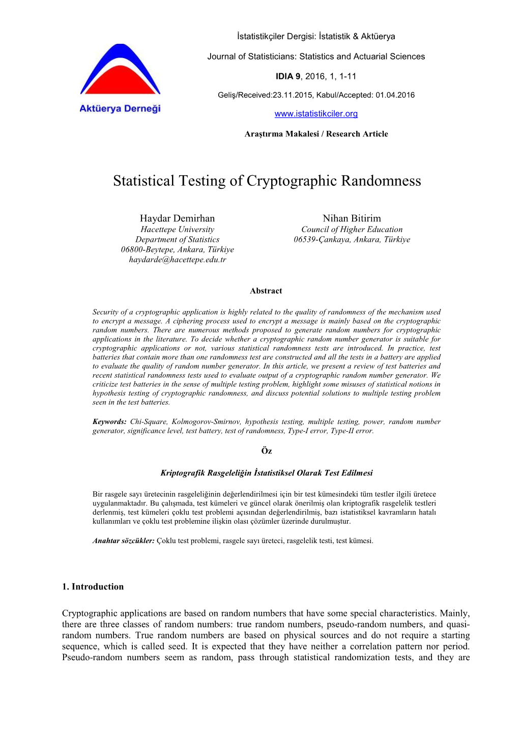 Statistical Testing of Cryptographic Randomness