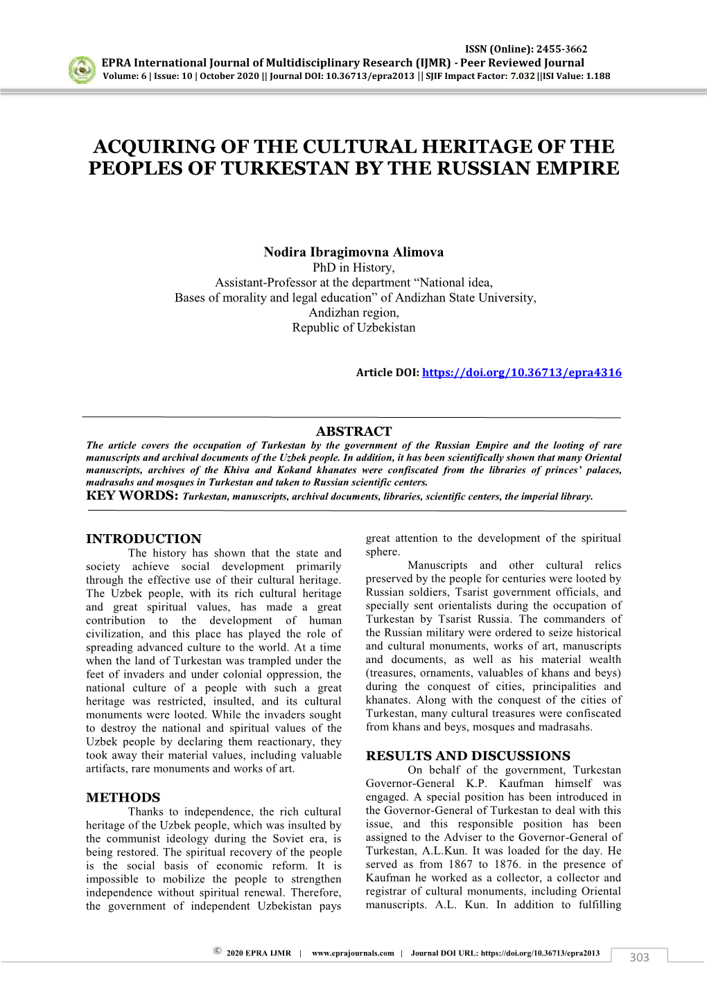 Acquiring of the Cultural Heritage of the Peoples of Turkestan by the Russian Empire