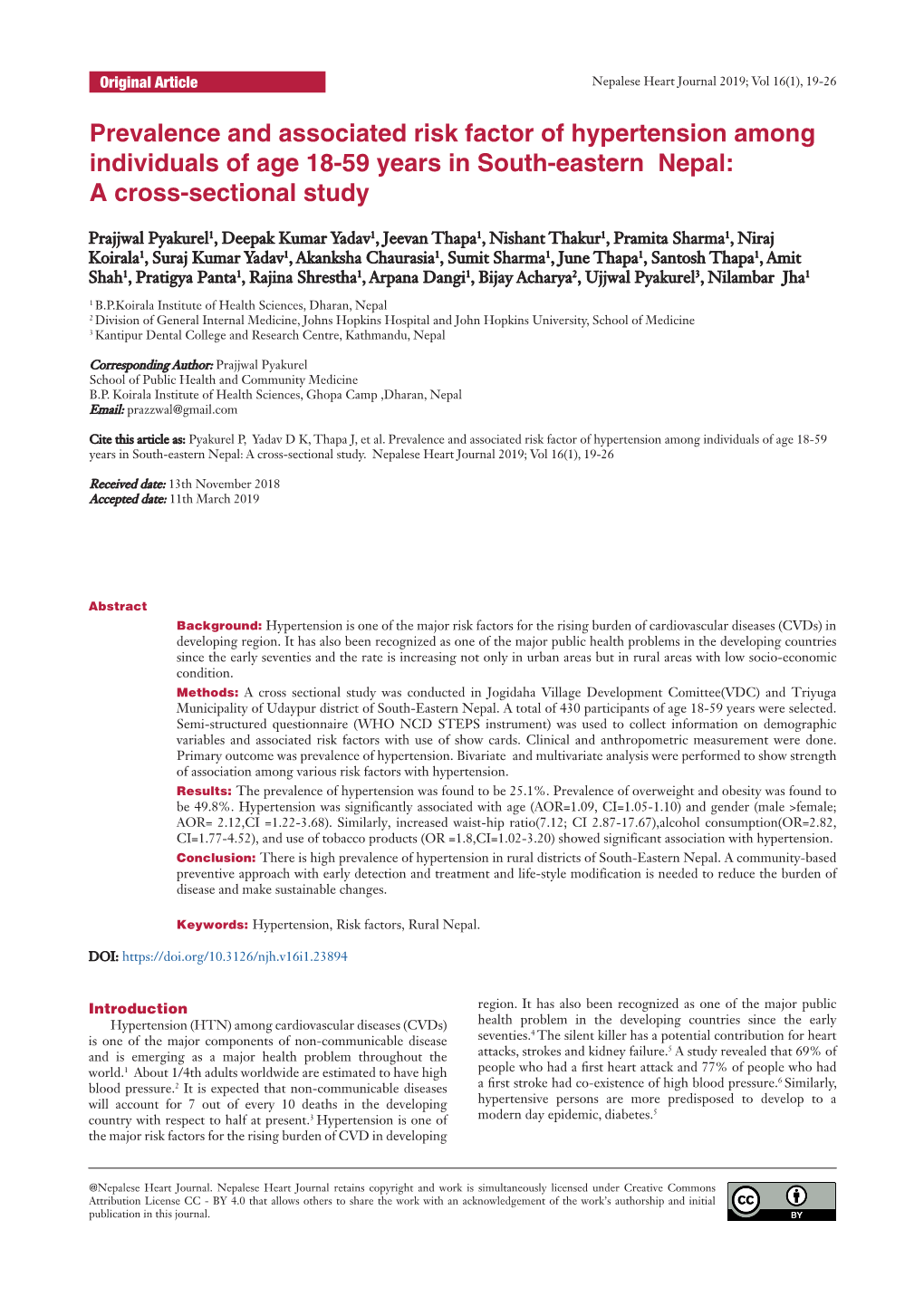 Prevalence and Associated Risk Factor of Hypertension Among Individuals of Age 18-59 Years in South-Eastern Nepal: a Cross-Sectional Study