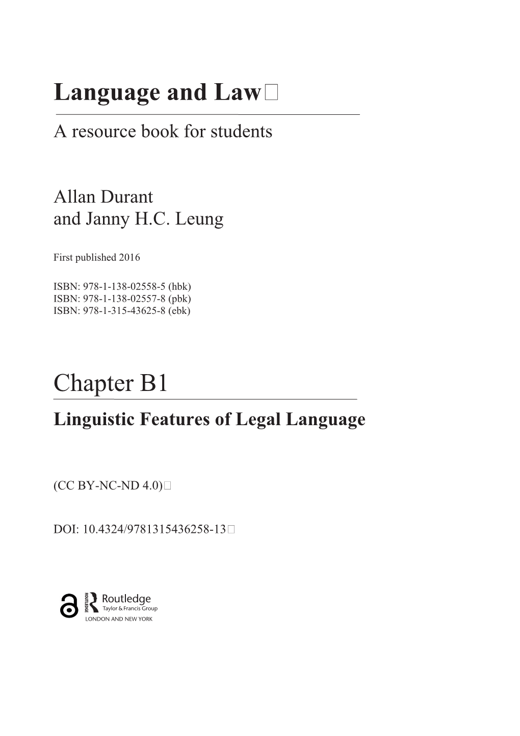 Language and Law a Resource Book for Students