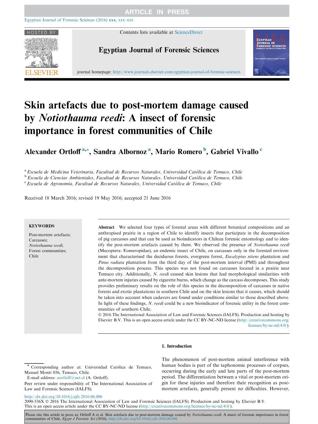 Skin Artefacts Due to Post-Mortem Damage Caused by Notiothauma Reedi: a Insect of Forensic Importance in Forest Communities of Chile