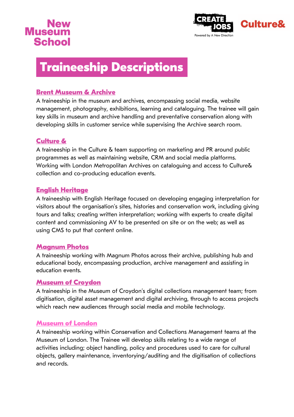 Traineeship Descriptions