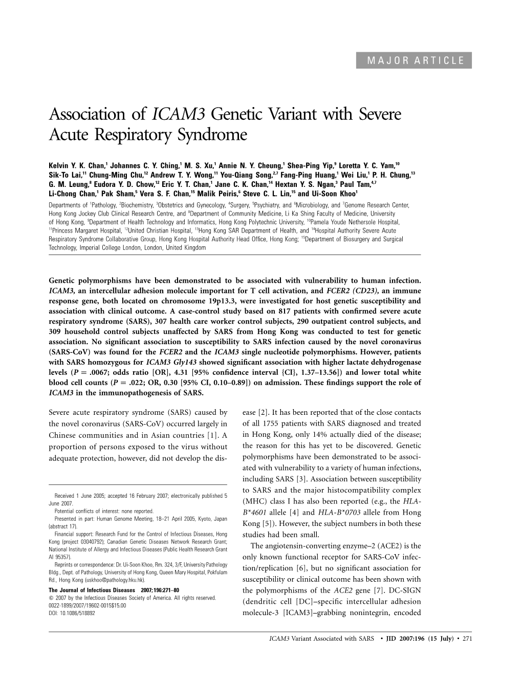 Association of ICAM3 Genetic Variant with Severe Acute Respiratory Syndrome