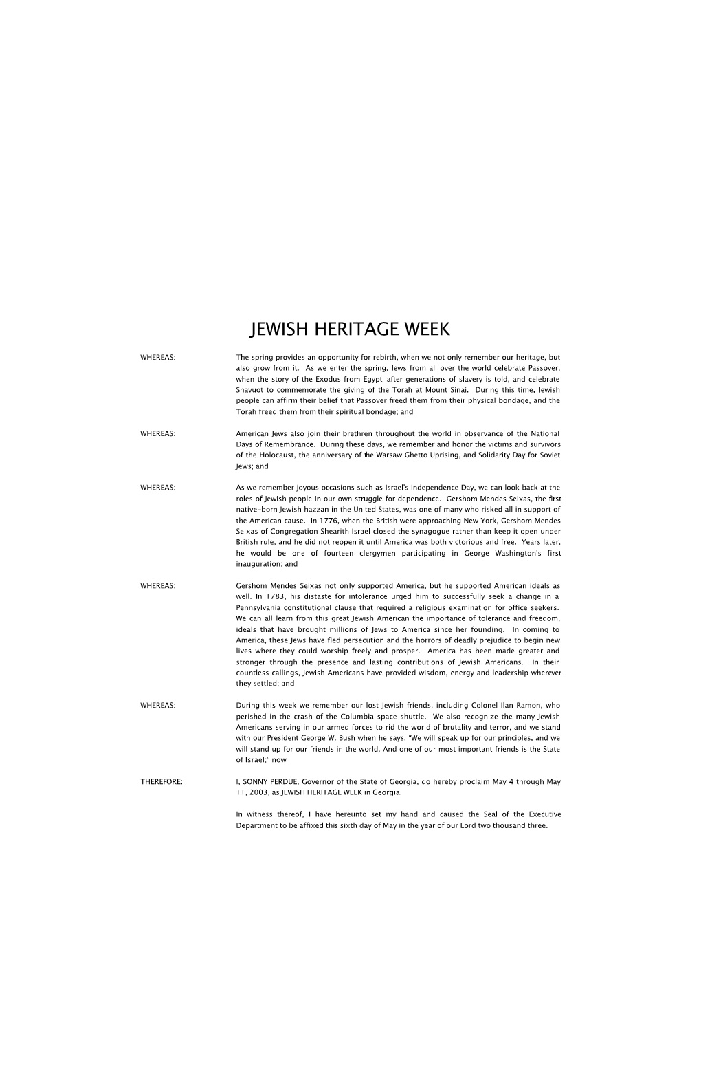 JEWISH HERITAGE WEEK Proclamation-2003