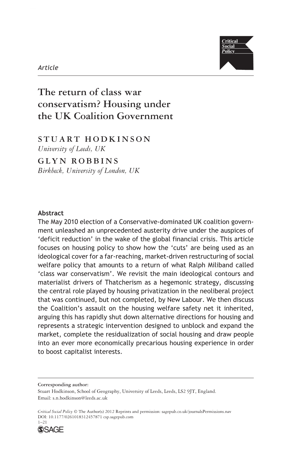 The Return of Class War Conservatism? Housing Under the UK Coalition Government